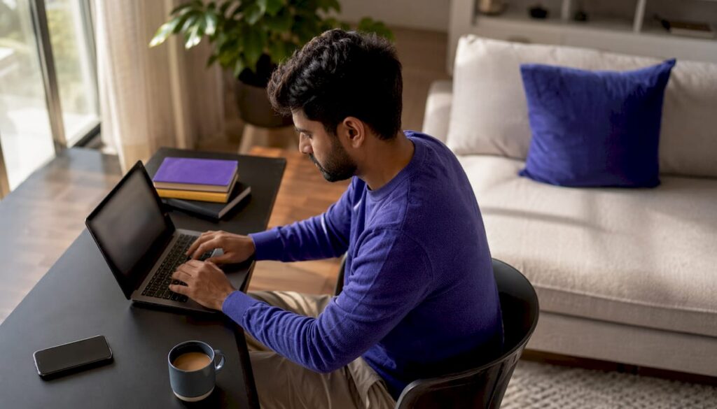 Person scanning website builder on laptop at desk