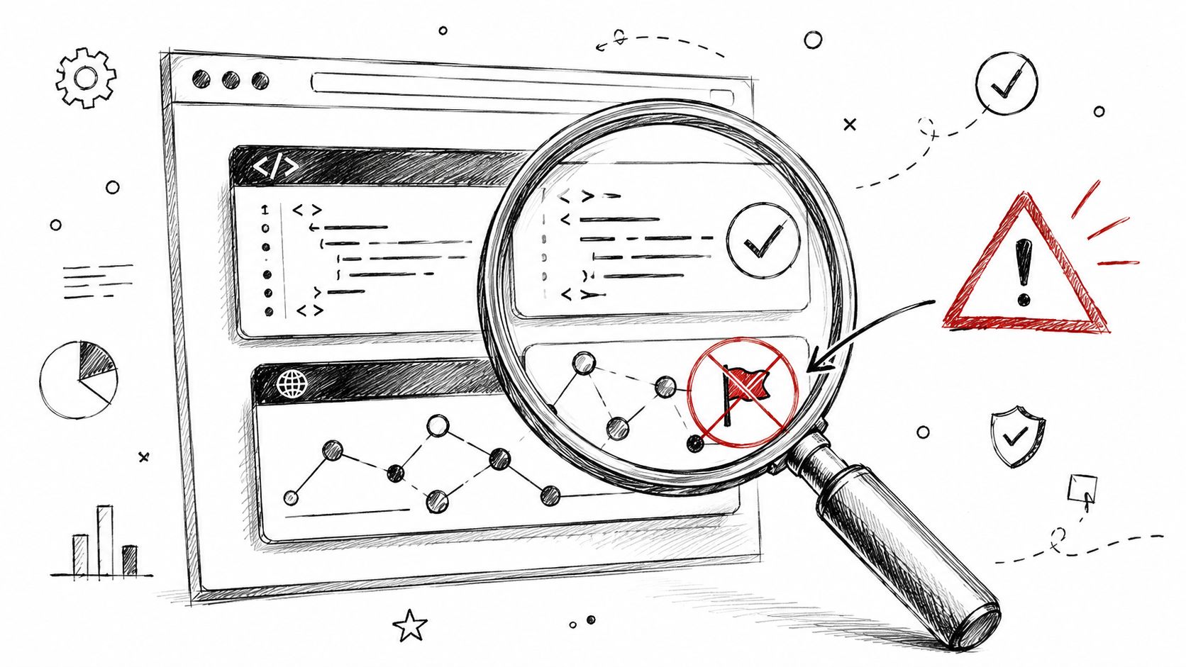 A hand-drawn illustration showing a magnifying glass examining code and identifying a red flagged security risk.