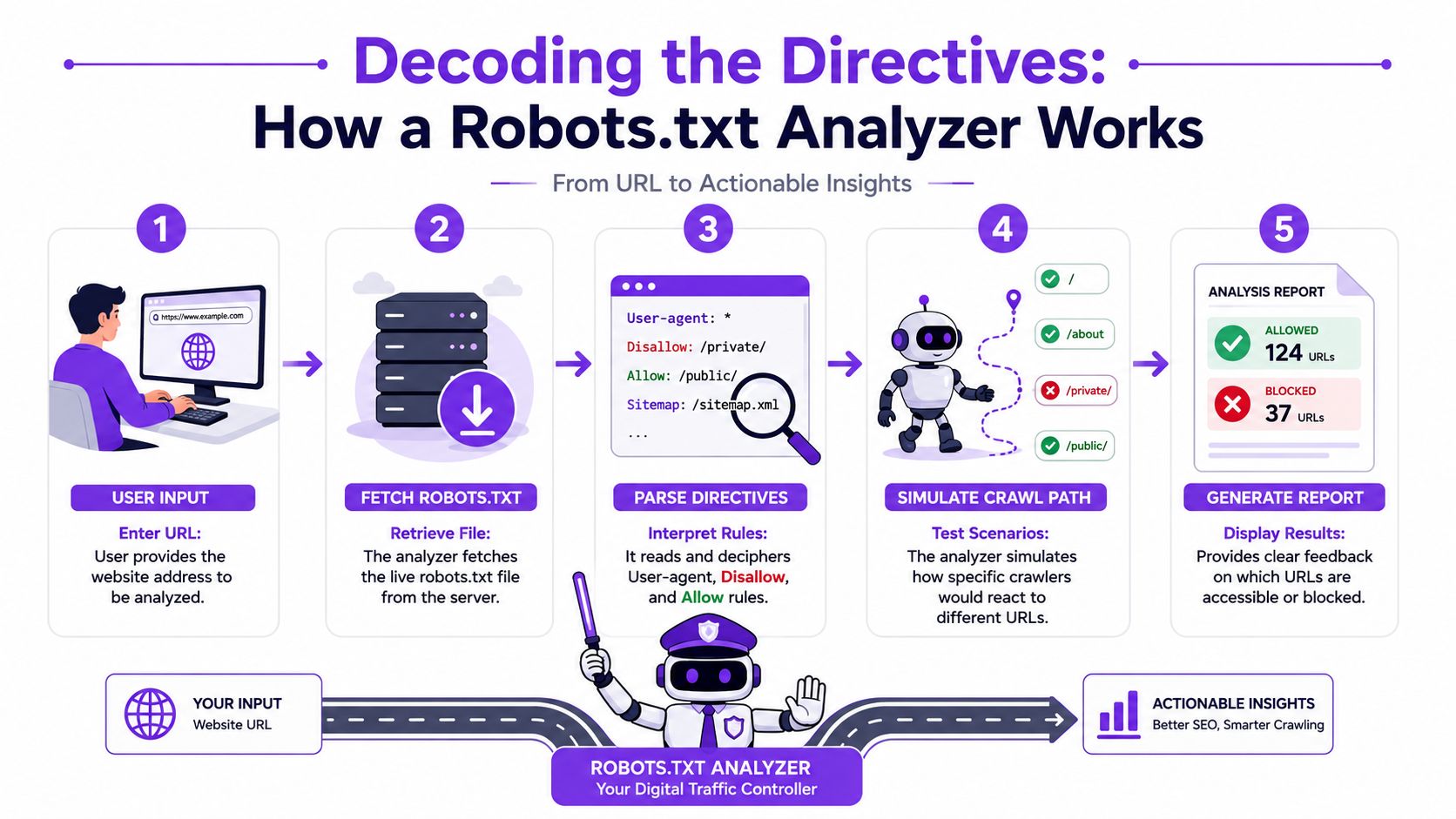 An infographic illustrating the five-step process of a robots.txt analyzer tool from URL input to actionable reporting.