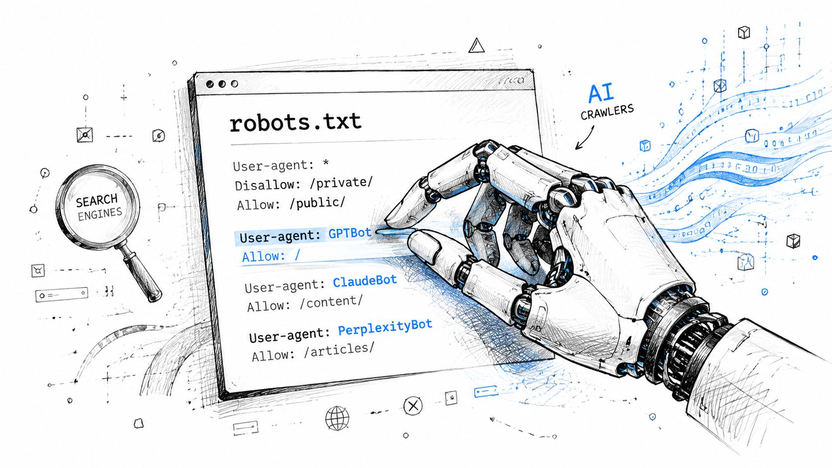 A robotic hand touching a robots.txt file code snippet representing AI crawler configuration for website management.