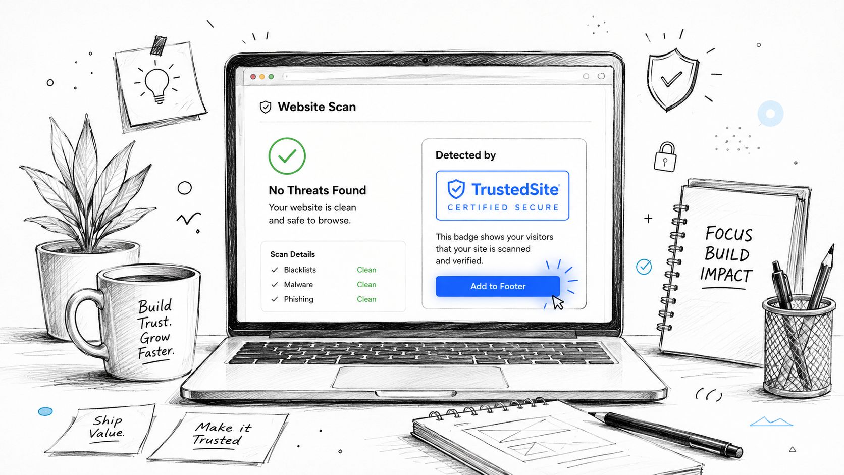 A hand-drawn illustration of a laptop showing a TrustedSite website security scan result on a desk.