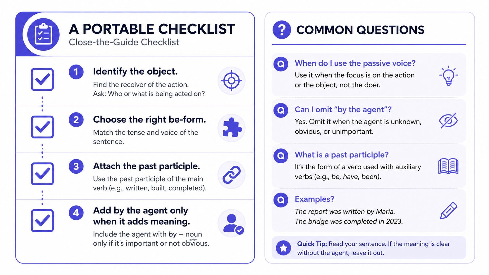 A helpful infographic explaining how to convert sentences from active to passive voice with four clear steps.