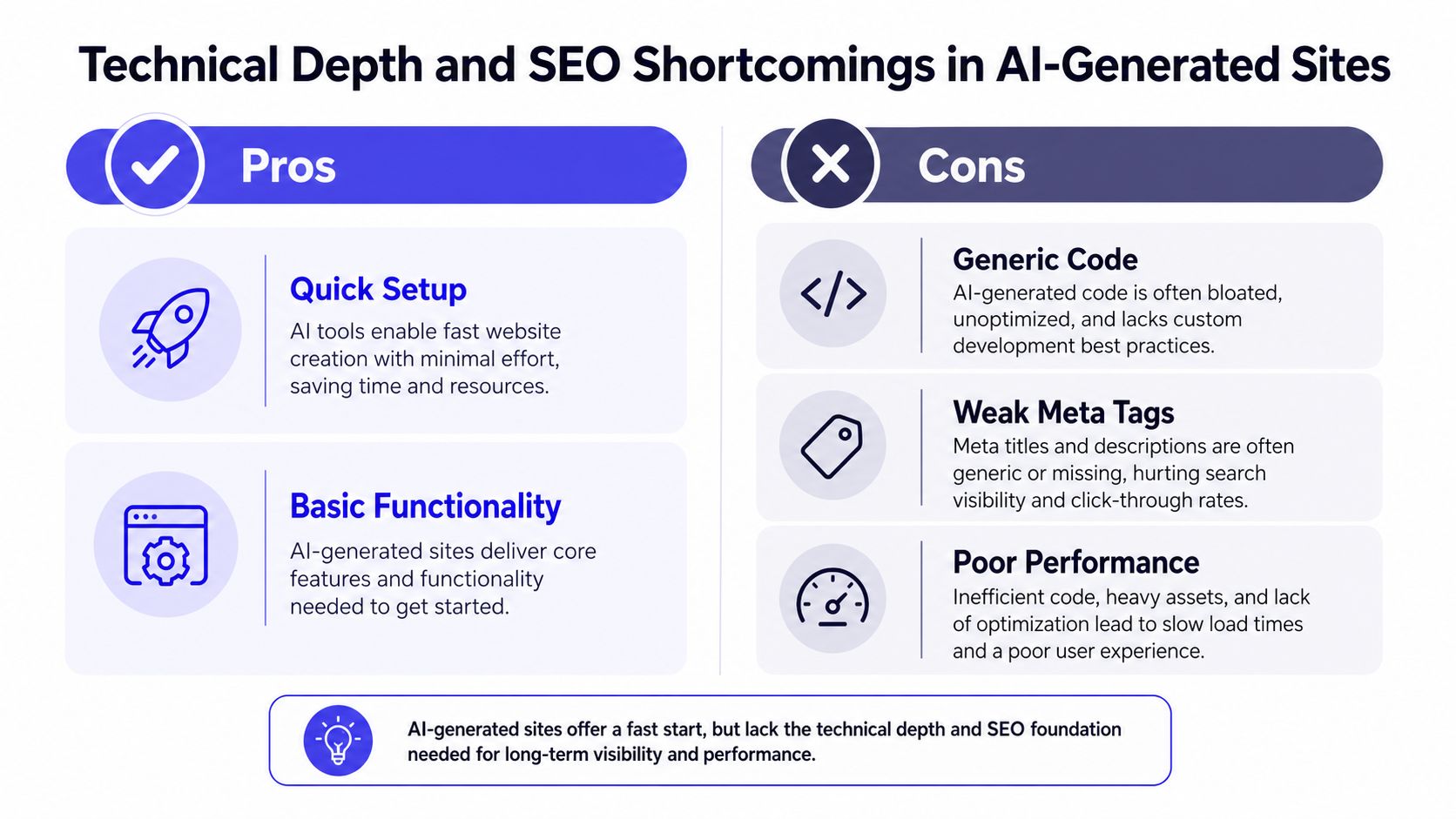 An infographic comparing the pros and cons of AI-generated websites, highlighting technical limitations and SEO challenges.
