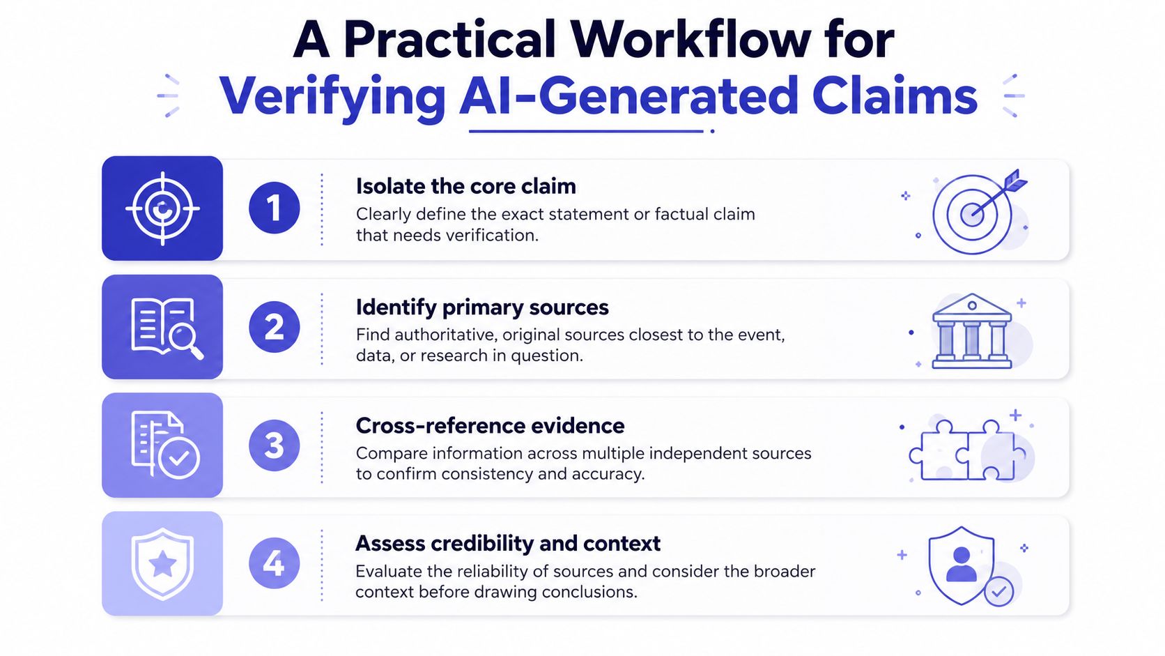 A four-step infographic demonstrating a practical workflow for verifying factual claims generated by artificial intelligence tools.
