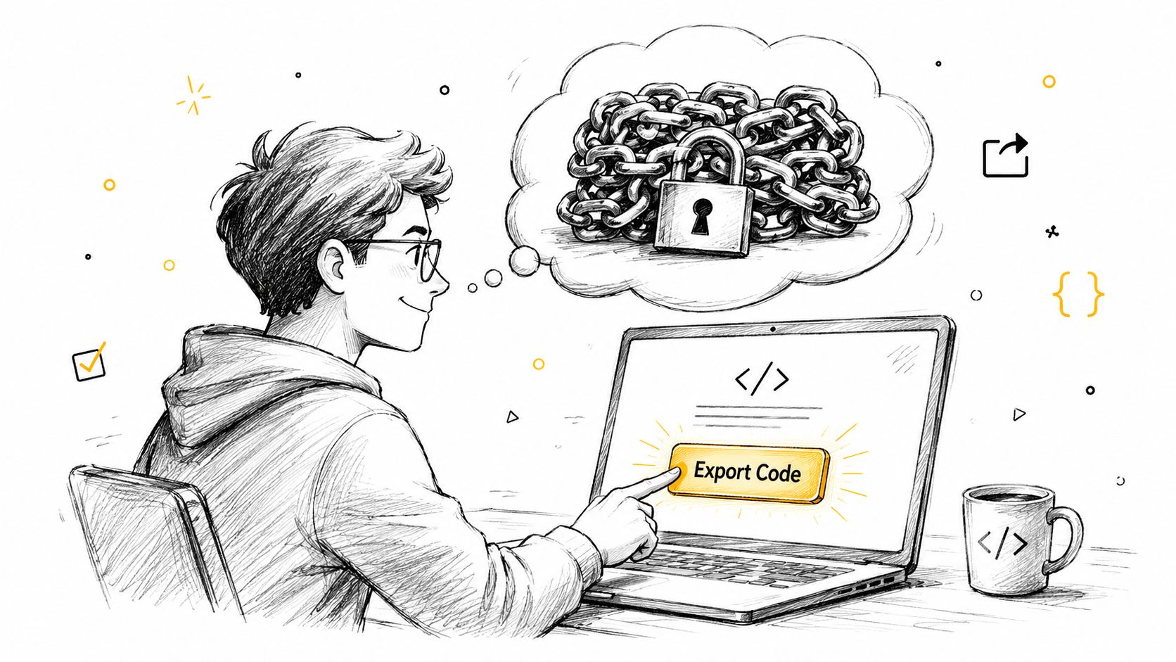 A digital illustration of a developer clicking an Export Code button on a laptop with a locked thought bubble.