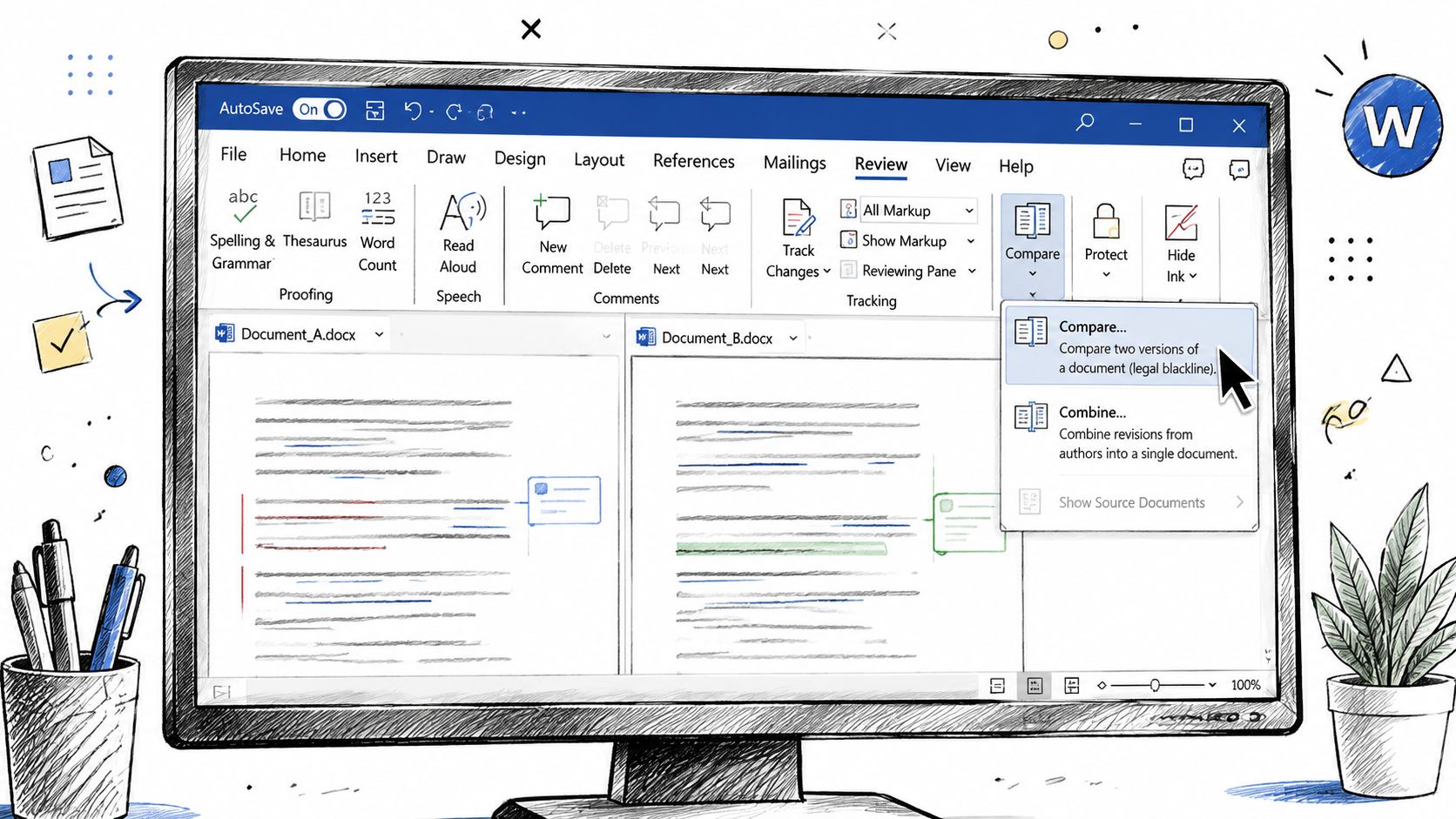 A digital illustration showing a computer monitor displaying Microsoft Word with a document comparison tool window open.
