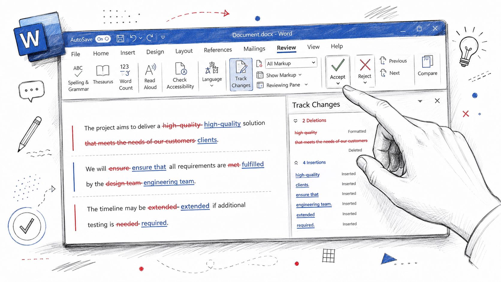 A hand selecting the Accept button in Microsoft Word to manage tracked changes and document edits.