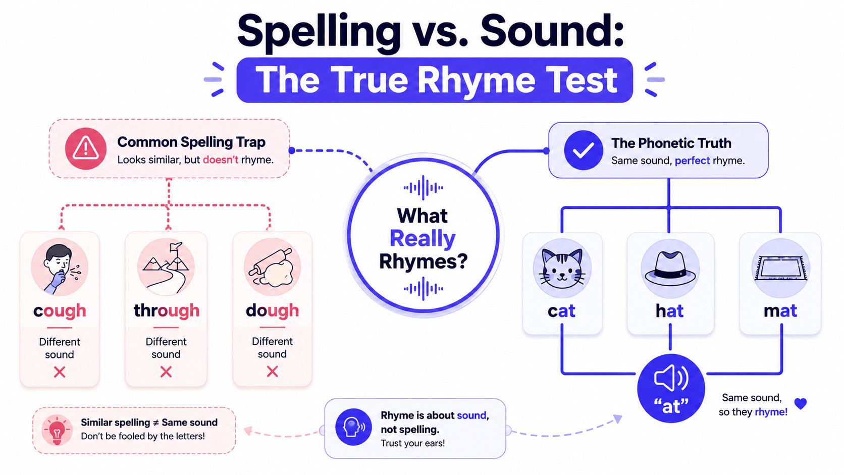 An educational infographic explaining that rhyming is based on sound, not spelling, using examples like cat and hat.