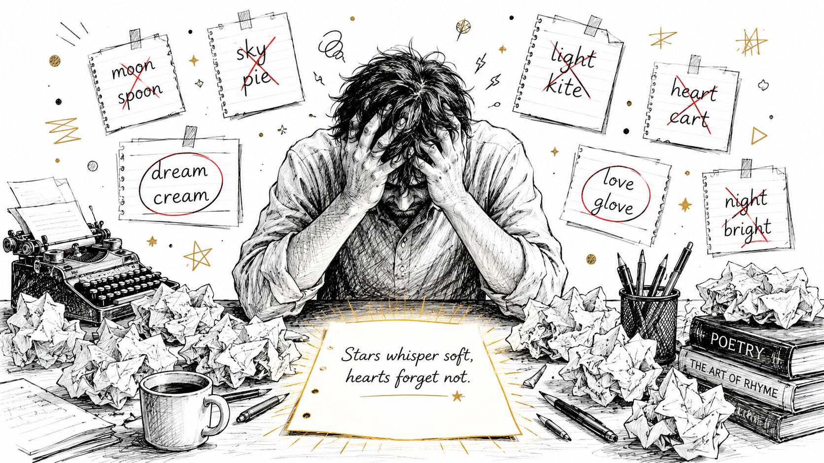 A frustrated poet sitting at a desk surrounded by crumpled paper, writing rhymes on a notepad.