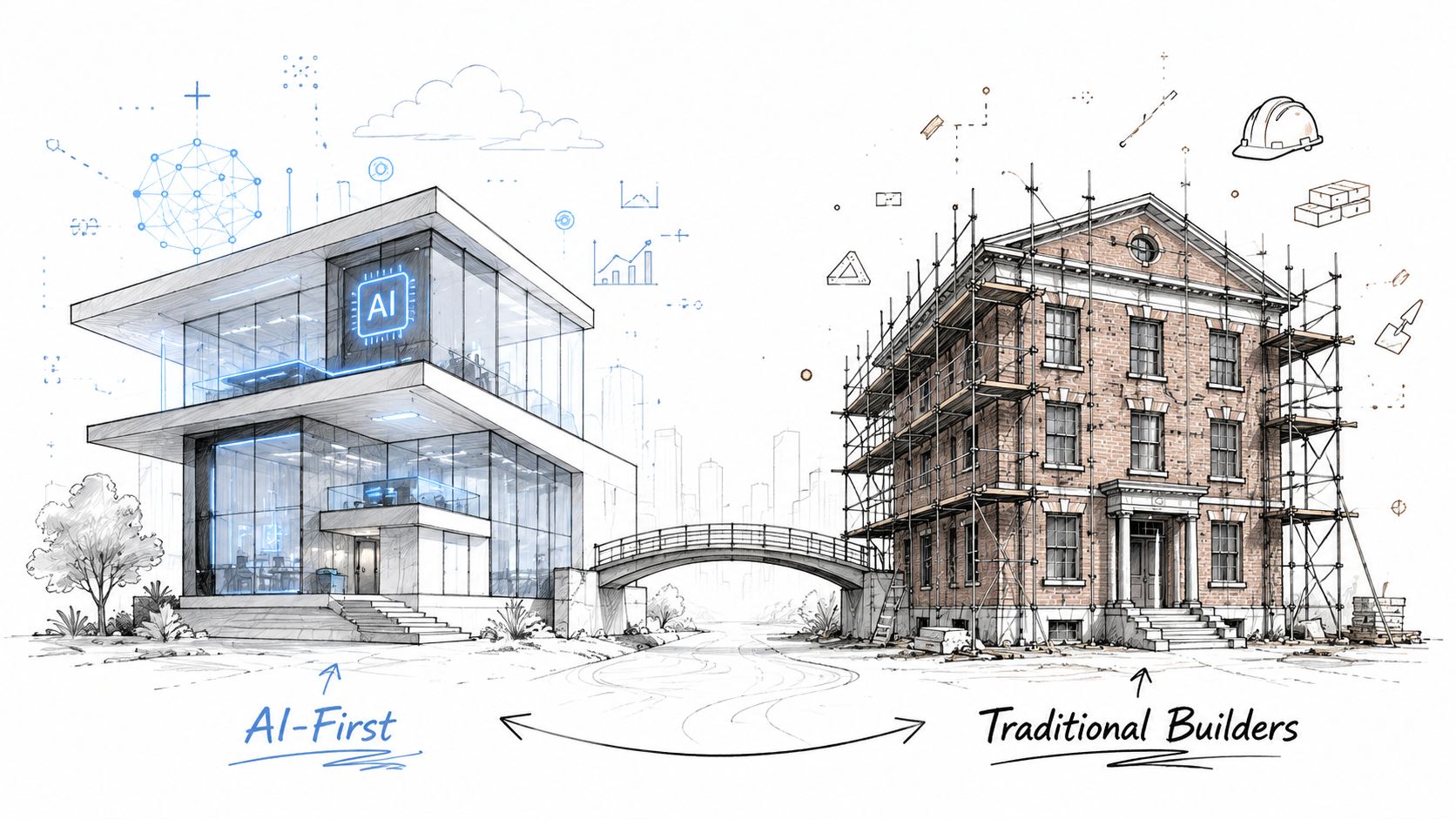 A split image contrasting a modern glass AI-first building with a traditional brick building under construction.