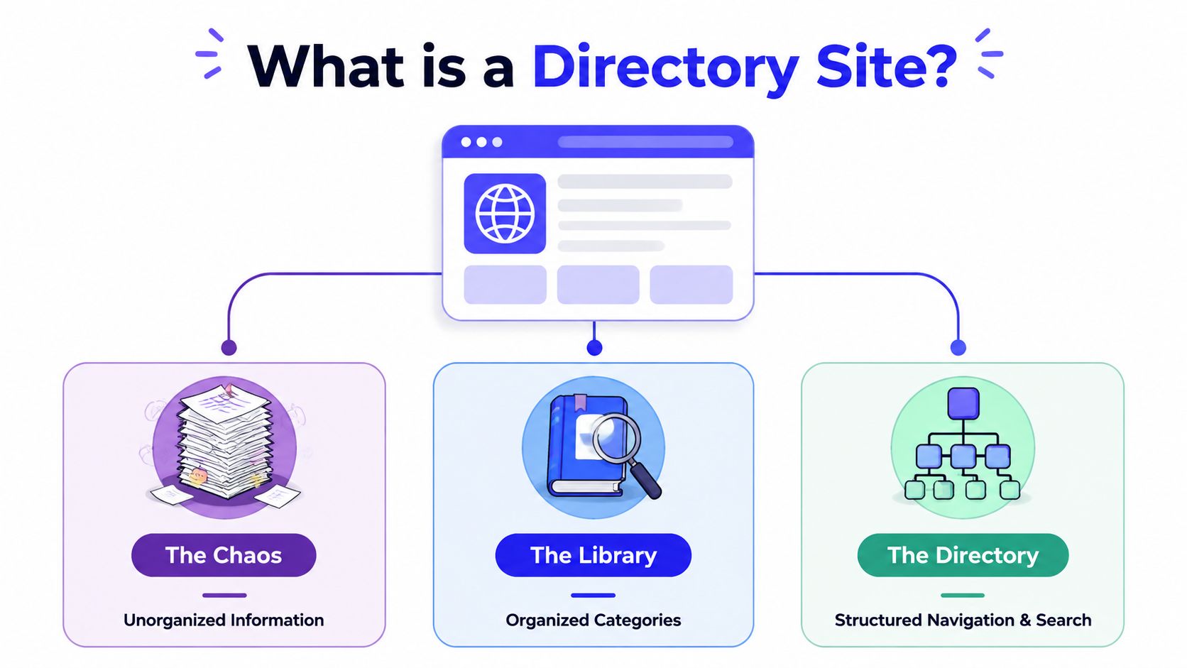 A diagram explaining directory sites by comparing chaotic information to an organized library and structured navigation.
