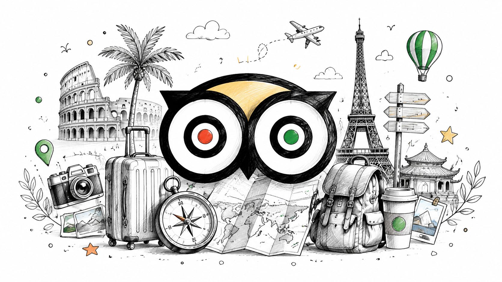 A hand-drawn travel illustration featuring the TripAdvisor owl logo, landmarks, luggage, and various travel accessories.