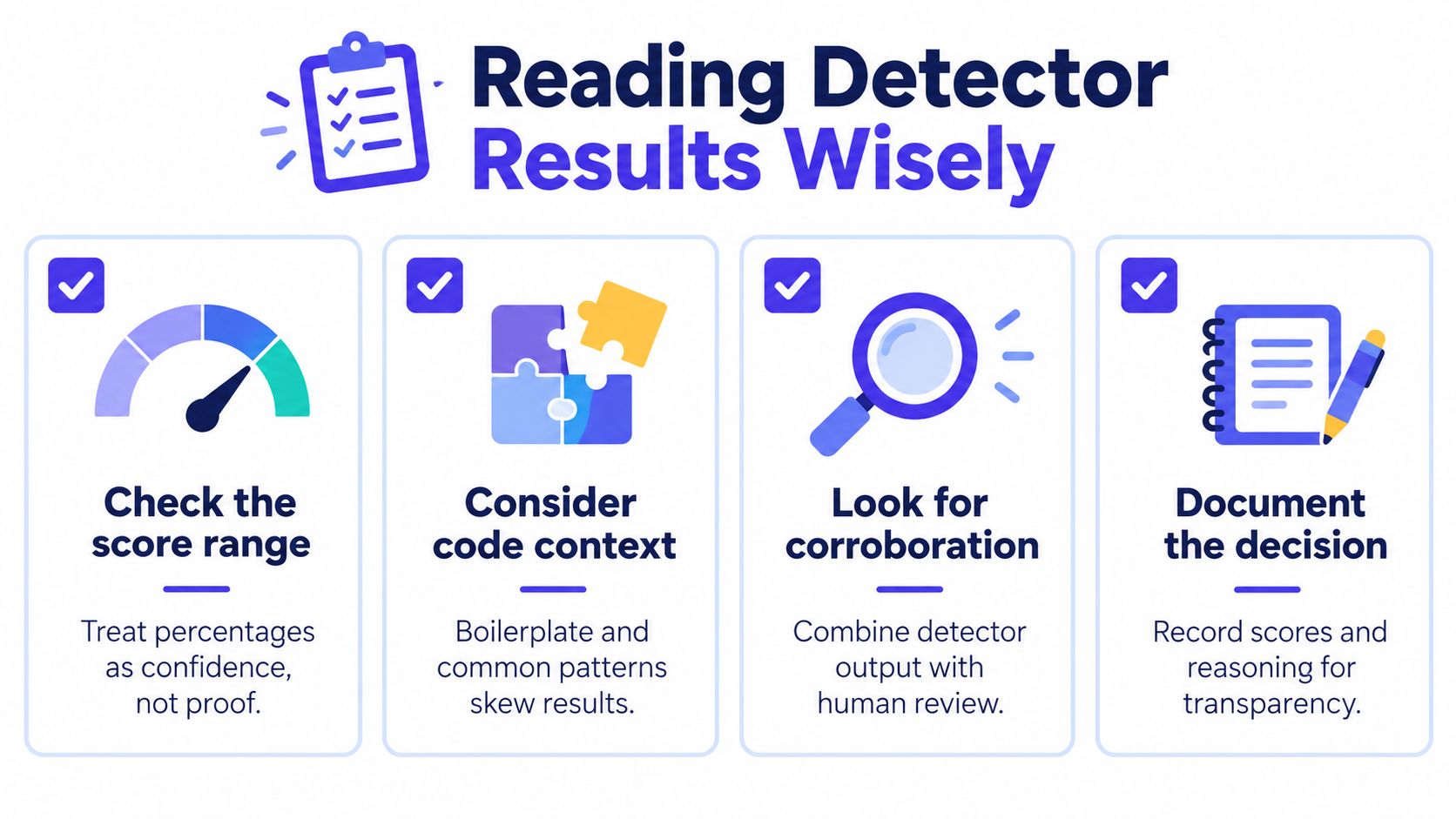 A four-point guide on how to interpret results from an AI code detector for better software quality.