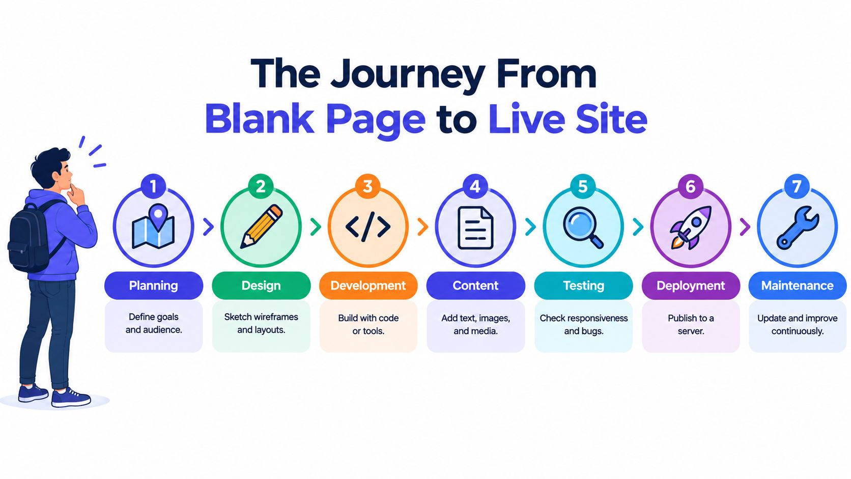 An infographic showing the seven-step journey of building a website from planning to ongoing maintenance.