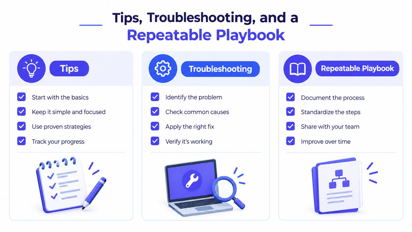 An infographic titled Tips, Troubleshooting, and a Repeatable Playbook featuring three columns with lists and icons.