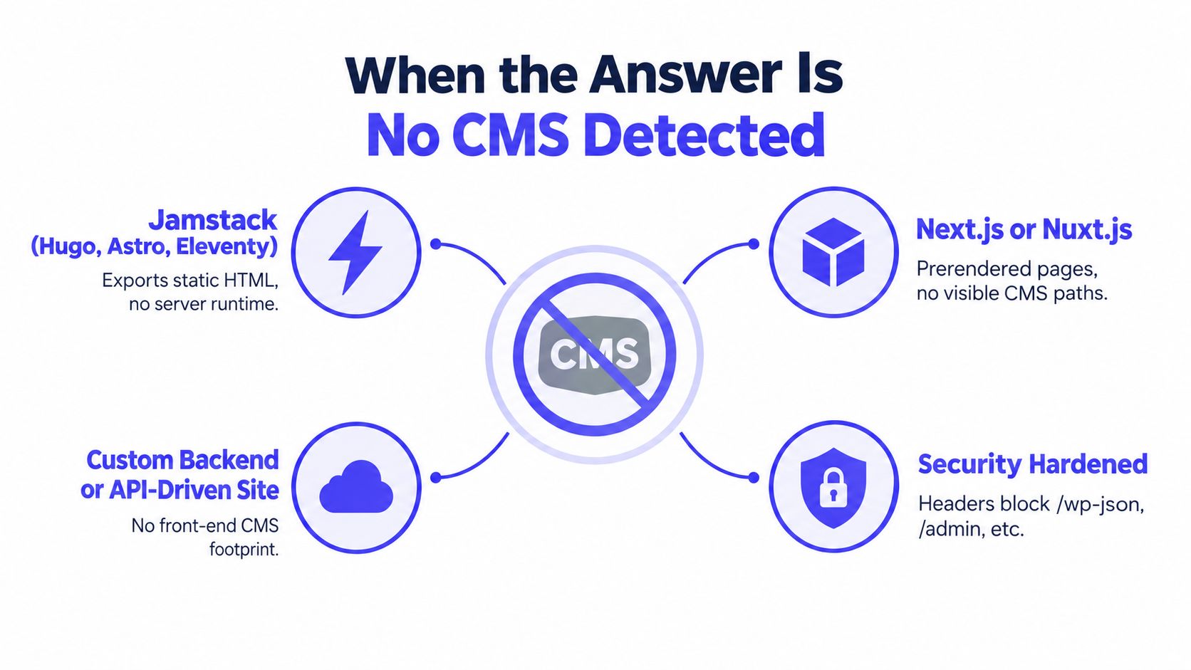 A diagram explaining four common reasons why a website might return no CMS detected during a scan.