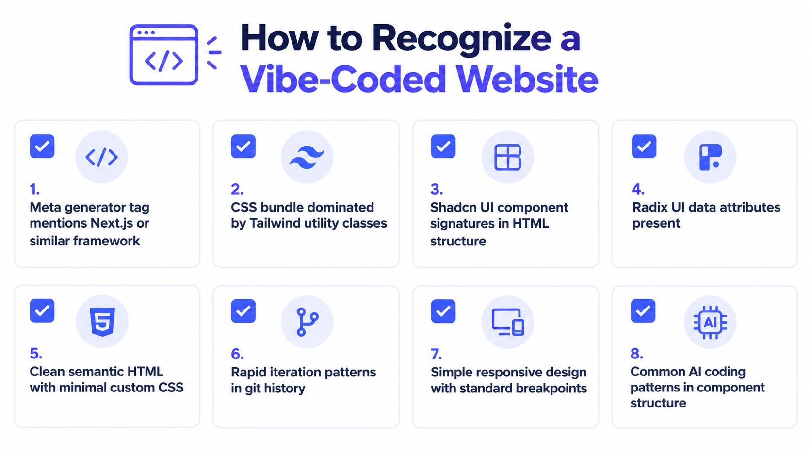 An infographic titled How to Recognize a Vibe-Coded Website, listing eight visual indicators of modern web development.