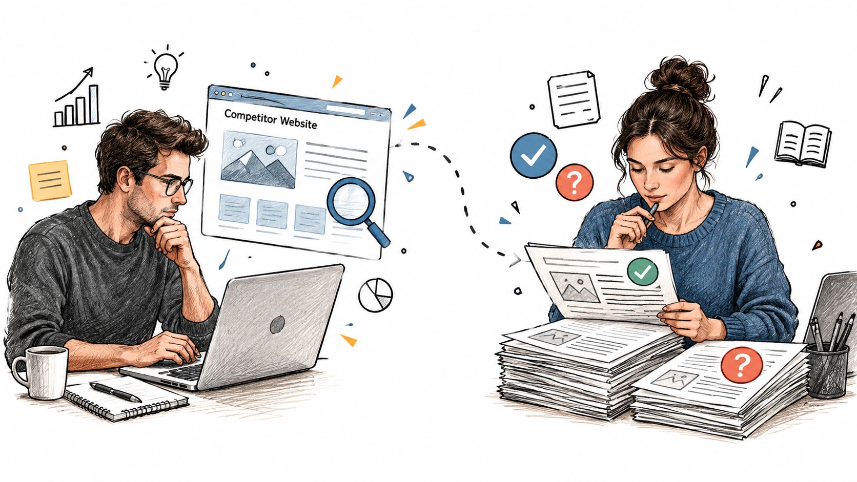 A man researching a competitor website on his laptop while a woman analyzes stacks of paper documents.