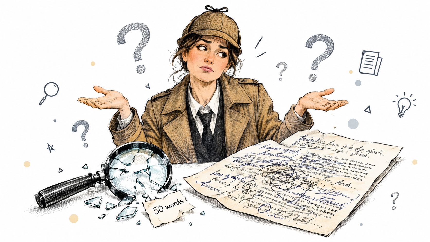 A confused female detective with a broken magnifying glass looking at a confusing paper document.