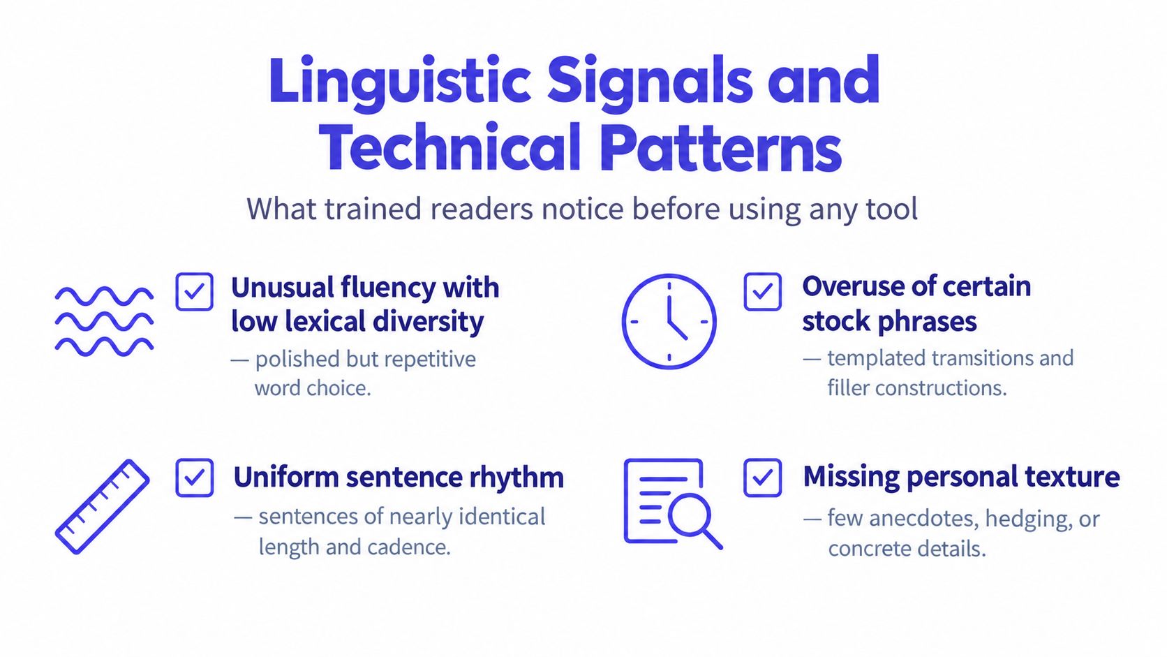 A visual guide outlining four key linguistic signals and technical patterns used to identify AI-generated writing.
