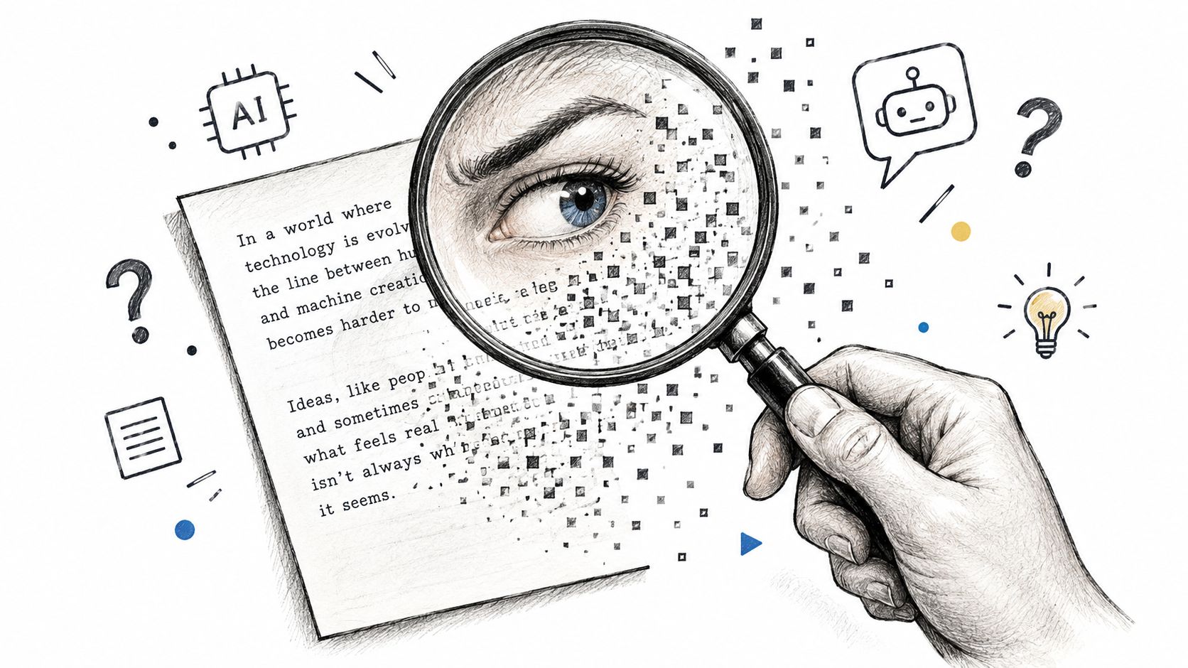 A hand holding a magnifying glass over a document, showing digital disintegration and AI concepts.