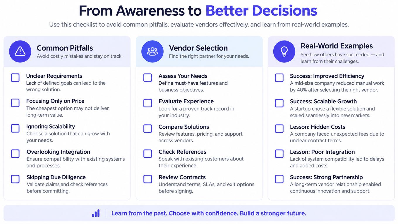 A checklist infographic titled From Awareness to Better Decisions, detailing common pitfalls, vendor selection tips, and real-world examples.