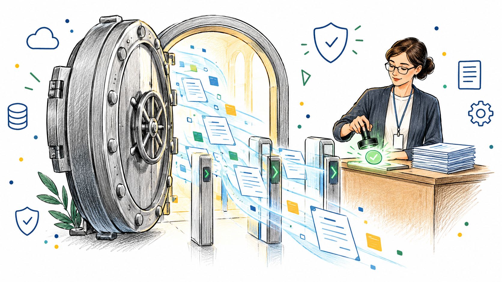 A professional woman stamping documents flowing from a bank vault into a secure digital processing area.