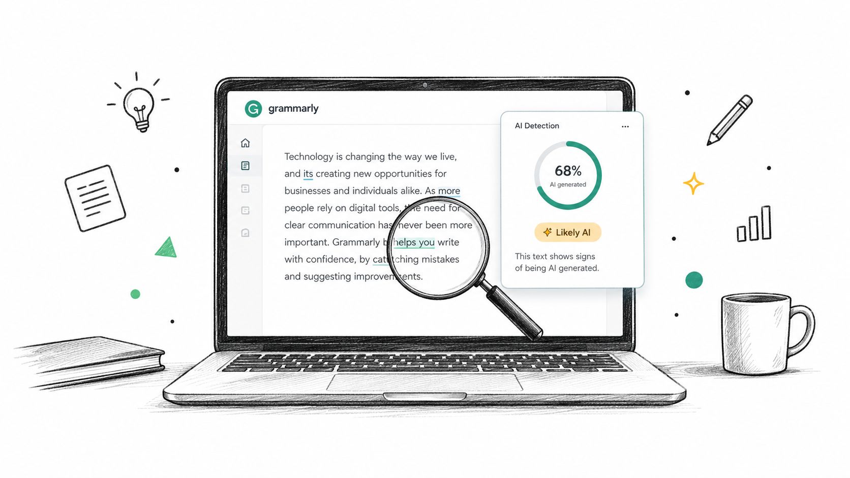 Screenshot from https://placehold.co/1200x800/png?text=Grammarly+Editor+AI+Detection+Panel