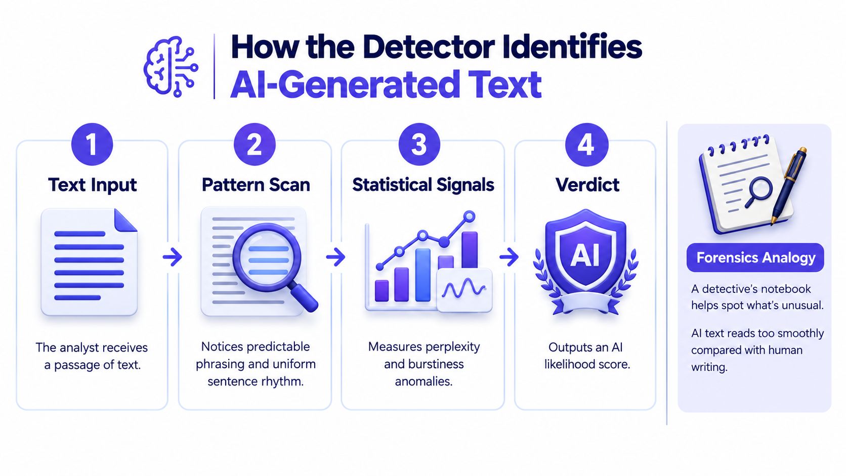 An infographic showing the four steps of how AI detection software identifies AI-generated text.